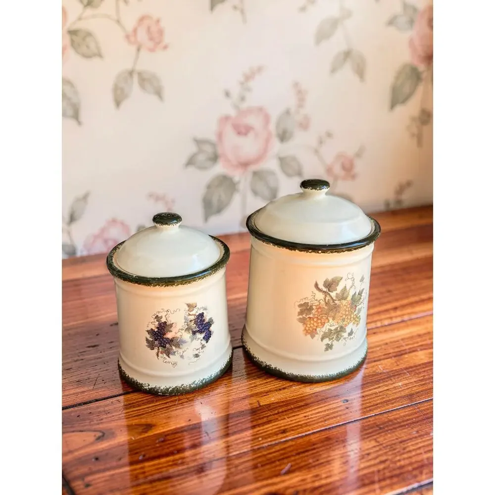 Vintage World China Grape Canister Set 2 Ceramic Cream Green Country Kitchen